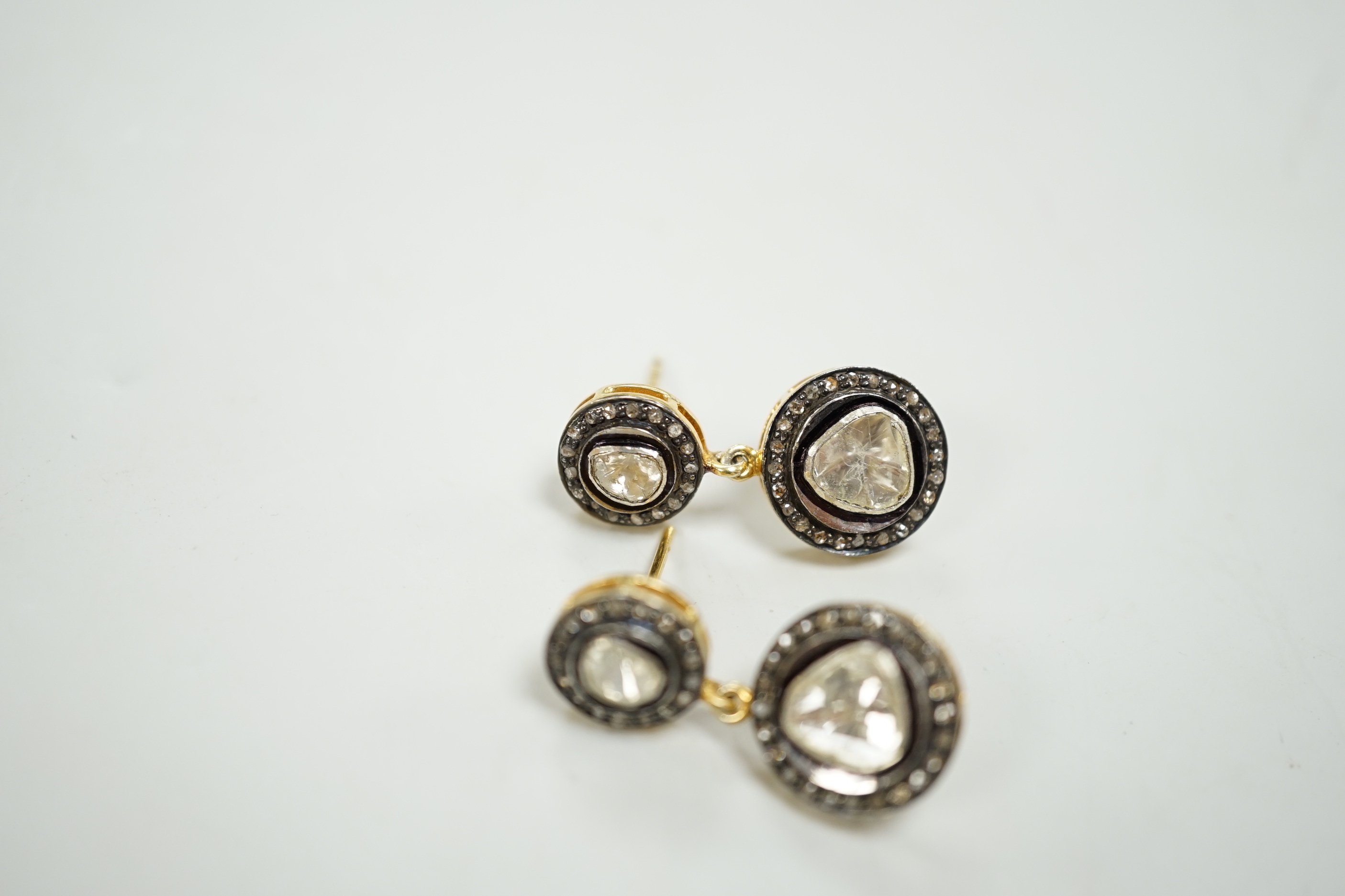 A pair of Indian? yellow metal, flat and rose cut diamond cluster set drop earrings, 27mm, gross weight 5.7 grams.
